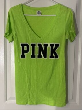 PINK Victoria's Secret Neon Lime Green V-Neck Tee with Black Logo